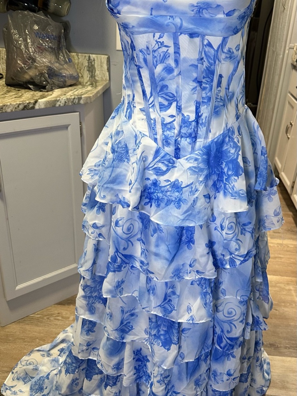 Blue & White Floral Ruffled Prom Dress